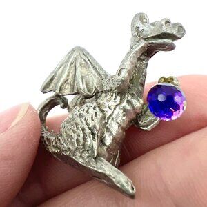 Vintage Pewter Dragon Figurine with Crystal Ball Fantasy Miniature